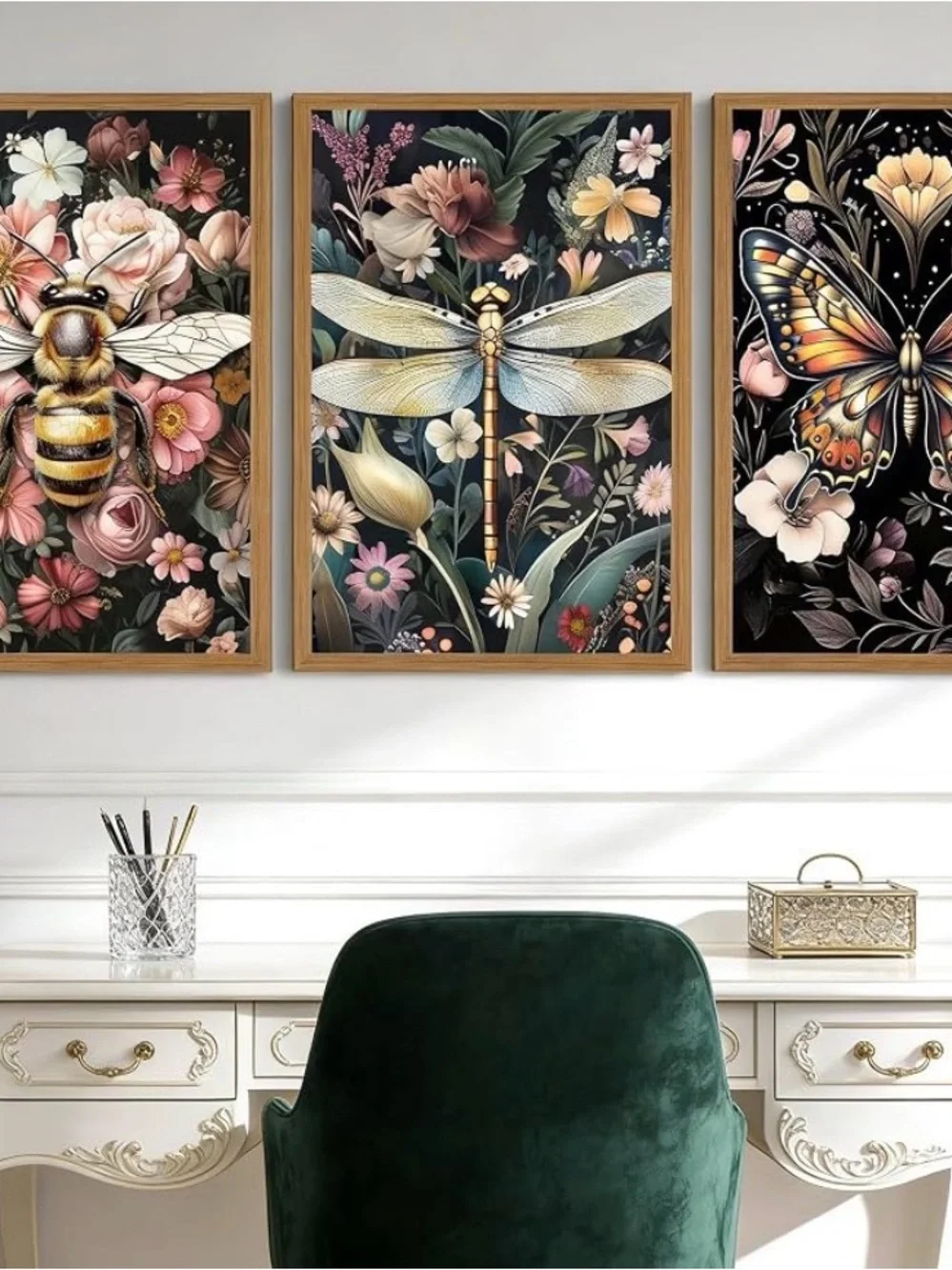 Canvas 3 Piece Set Floral Insect Wall Art Set - Black & Pink Botanical Prints
